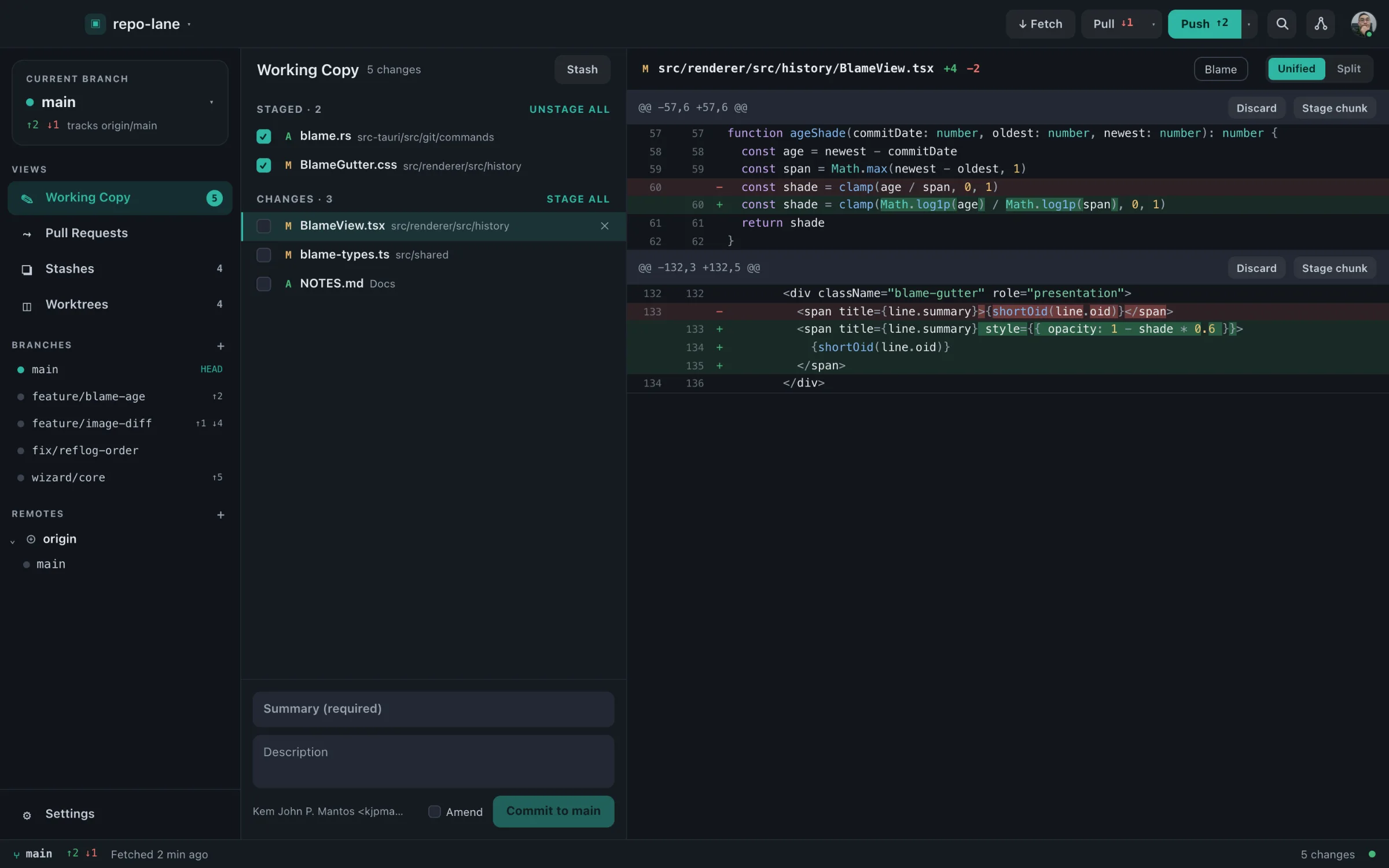Repo Lane's working copy view, staging changes chunk by chunk